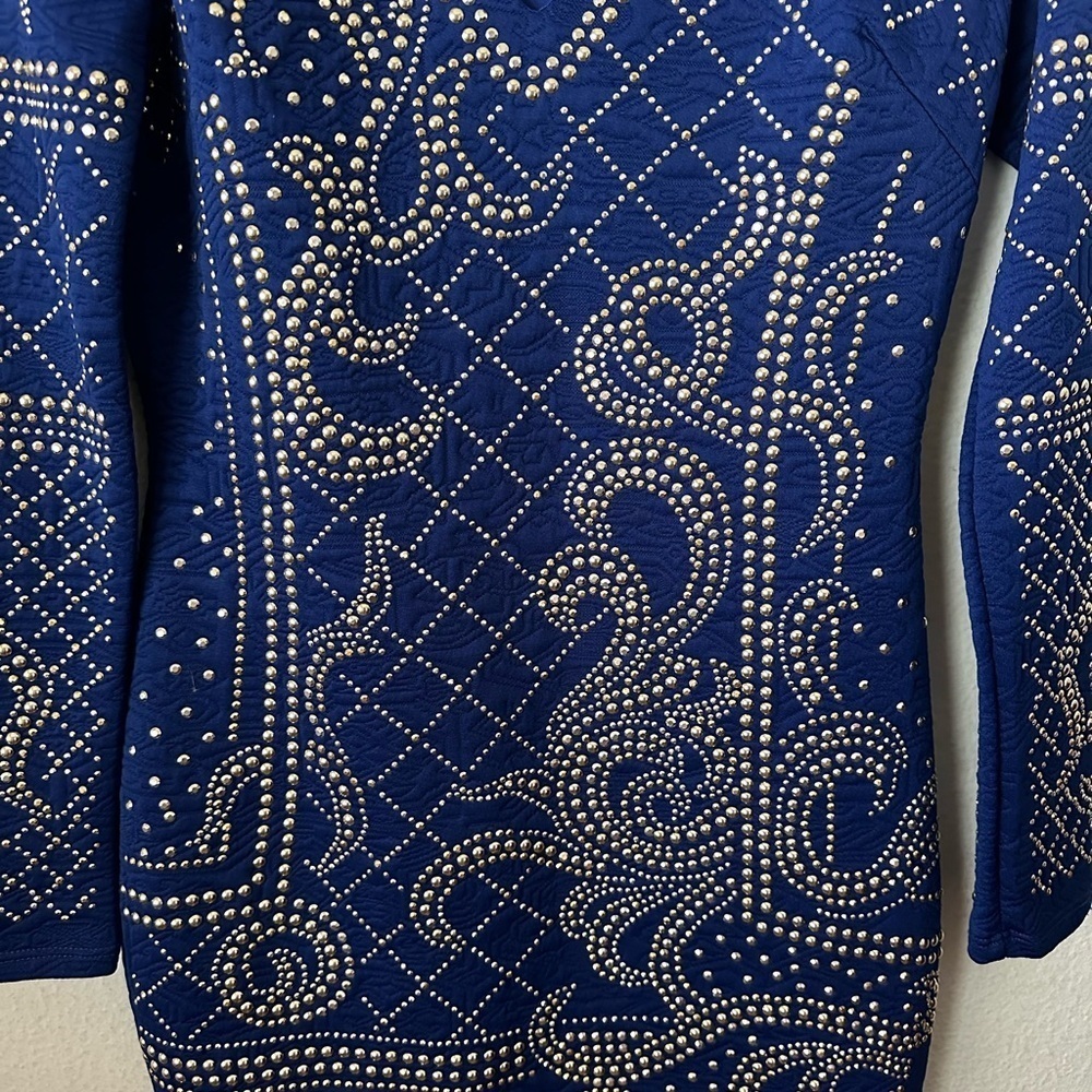 Va Va Voom Royal Blue Beaded Long Sleeve Body Con Medium Mini Dress Brand New - Picture 5 of 9